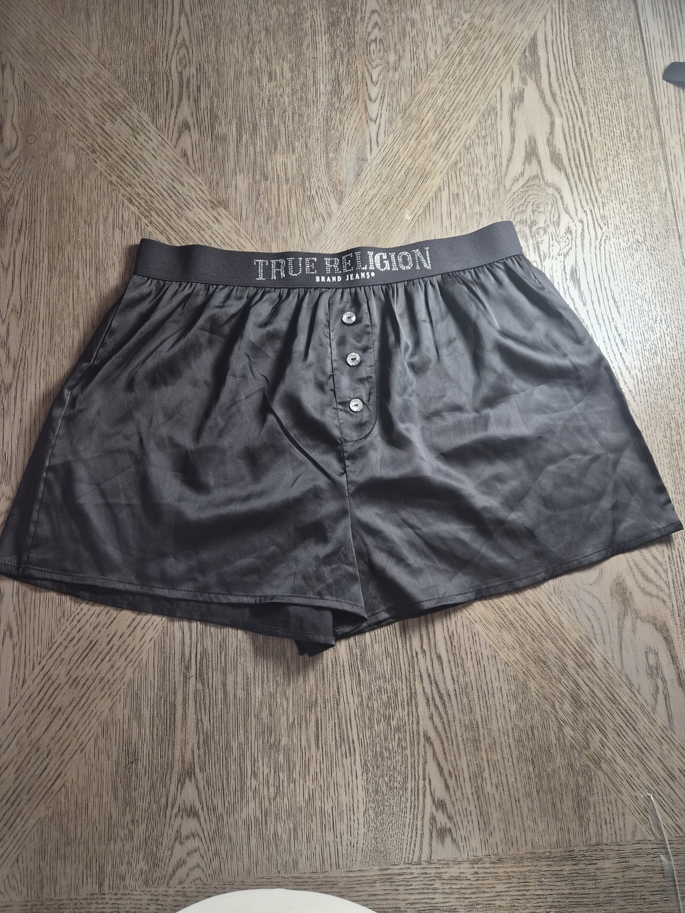 True Religion Black Satin Button-Front Lounge Shorts